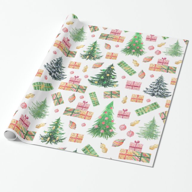 Christmas Holiday - Watercolor Xmas Fun Wrapping Paper (Unrolled)