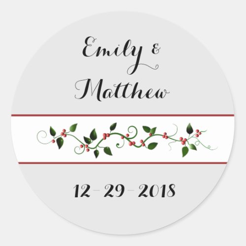 Christmas Holiday Wedding Couples Holly Vine Classic Round Sticker