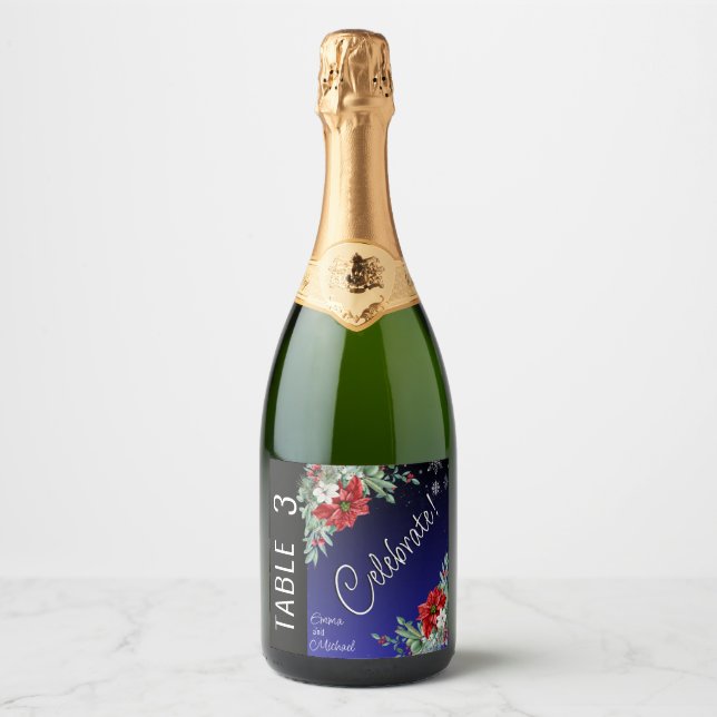 Christmas Holiday Wedding Table Number Sparkling Wine Label (Front)