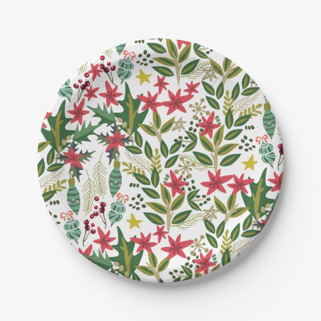Christmas Holiday Whimsical Floral Berries Party Paper Plates (Front)