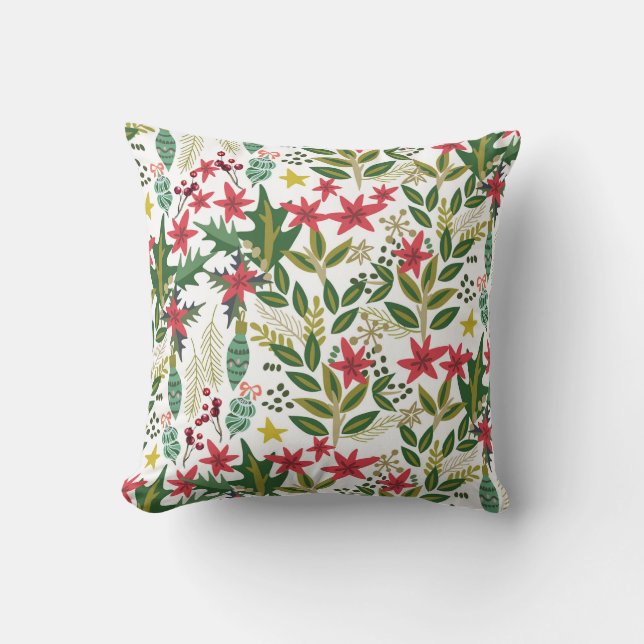 Christmas Holiday Whimsical Floral Holly Berries Throw Pillow (Front)