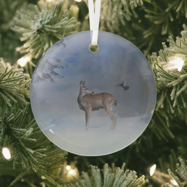 Christmas Holiday Wildlife Deer and Blue Jay Glass Ornament (Insitu)