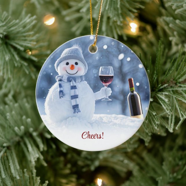Christmas Holiday Wine Snowman Cute Funny Ceramic Ornament (Tree)