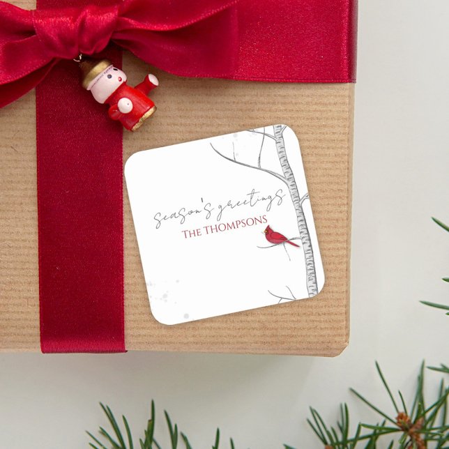 Christmas Holiday Winter Birch Tree Red Cardinal  Square Sticker (Season's Greeting simple red cardinal holiday sticker with a simple white speckles background)