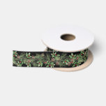 Christmas Holiday Winter Botanical Greenery Satin Ribbon<br><div class="desc">A decorative ribbon for the Christmas holiday season featuring hand-painted botanical watercolor illustrations of winter greenery,  pine cones and spruce branches and holly berries on a black background.</div>