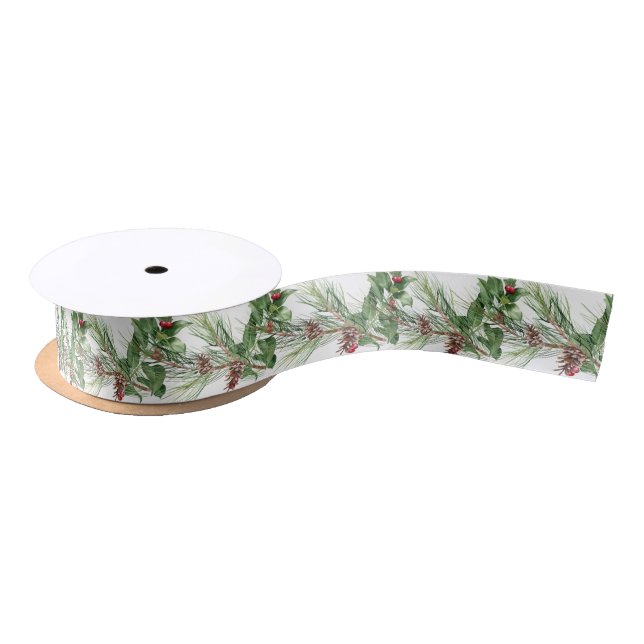 Christmas Holiday Winter Botanical Greenery Satin Ribbon (Spool)