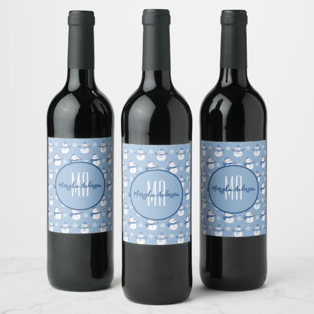 CHRISTMAS HOLIDAY WINTER SNOWMEN CUSTOM MONOGRAM WINE LABEL (Bottles)