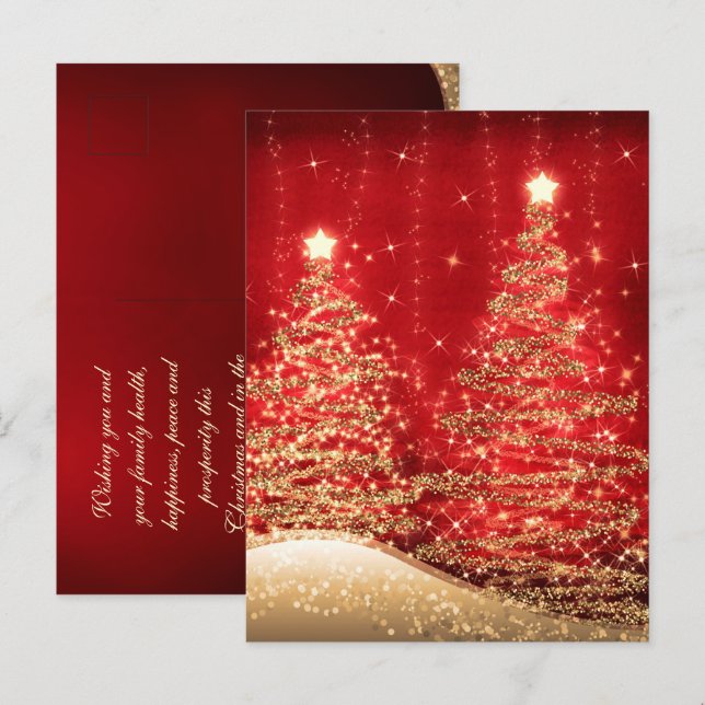 Christmas Holiday Wishes Sparkling Trees Red  Postcard (Front/Back)