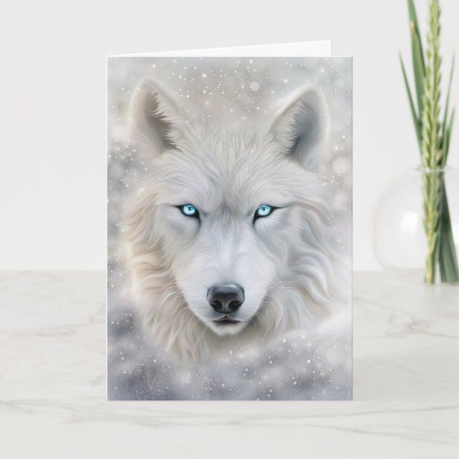 Christmas Holiday Wolf with Blue Eyes Card (Front)
