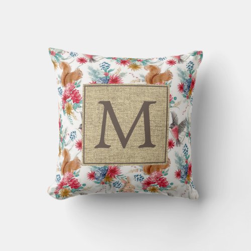 Christmas Holiday Woodland Forest Animals Monogram Throw Pillow