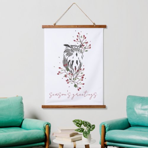Christmas Holiday Woodland Owl Foliage  Hanging Tapestry