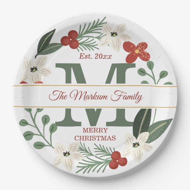 Christmas Holiday Wreath Monogram | Name Christmas Paper Plates (Front)