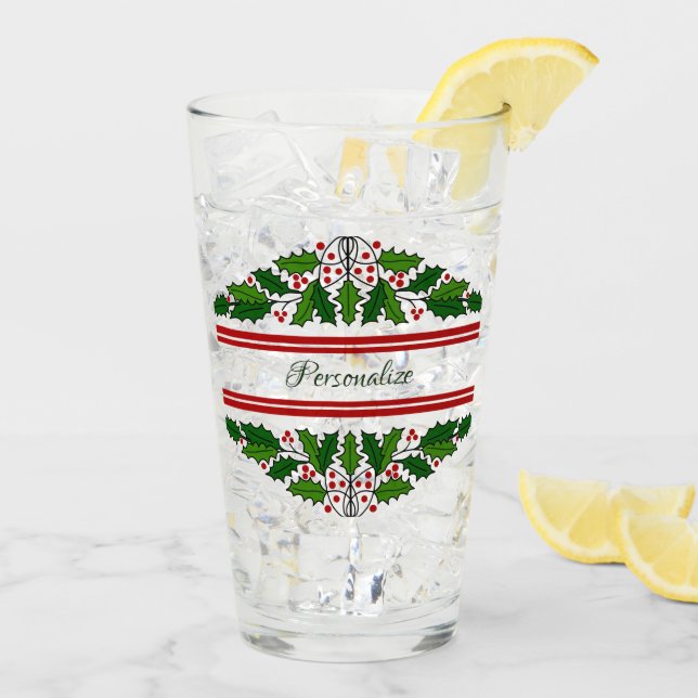 Christmas Holiday Wreath Xmas Holly Personalized Glass (Back Ice)
