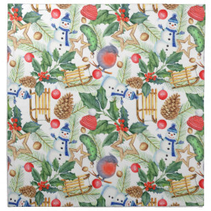 Christmas Holiday Xmas Snowman, Pine Cones, Holly  Cloth Napkin