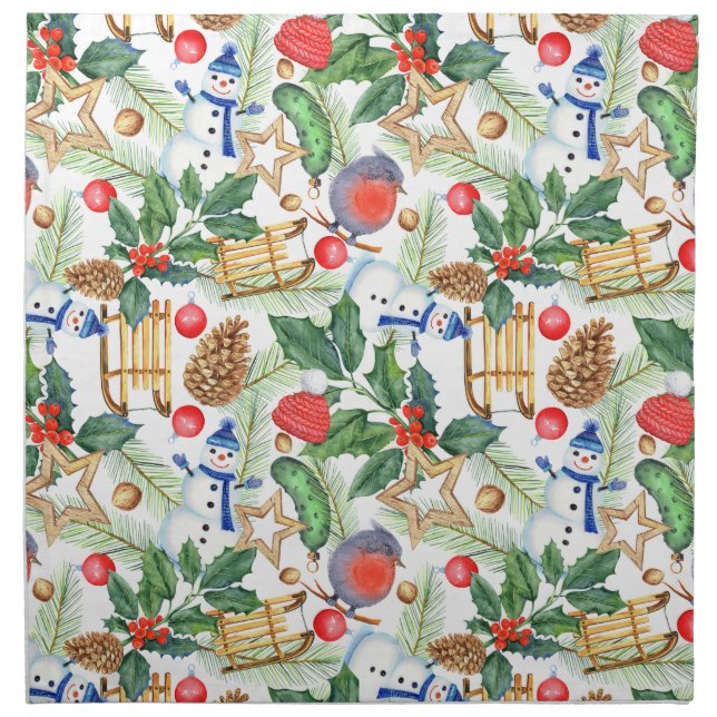 Christmas Holiday Xmas Snowman, Pine Cones, Holly  Cloth Napkin (Front)