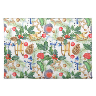 Christmas Holiday Xmas Snowman, Pine Cones, Holly Cloth Placemat