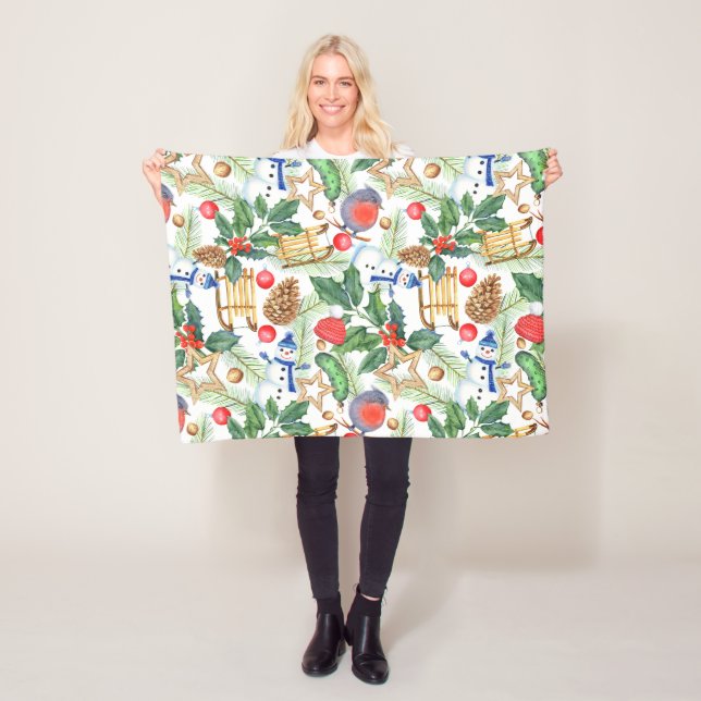 Christmas Holiday Xmas Snowman, Pine Cones, Holly Fleece Blanket (In Situ)