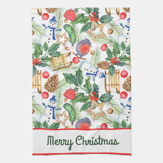 Christmas Holiday Xmas Snowman, Pine Cones, Holly Kitchen Towel (Vertical)