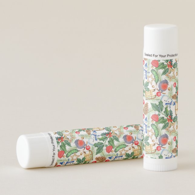 Christmas Holiday Xmas Snowman, Pine Cones, Holly  Lip Balm (Front)