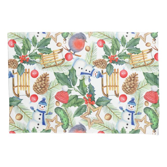 Christmas Holiday Xmas Snowman, Pine Cones, Holly Pillow Case (Front-Left)