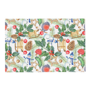 Christmas Holiday Xmas Snowman, Pine Cones, Holly Placemat