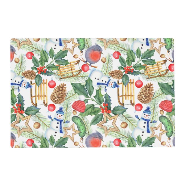 Christmas Holiday Xmas Snowman, Pine Cones, Holly  Placemat (Front)