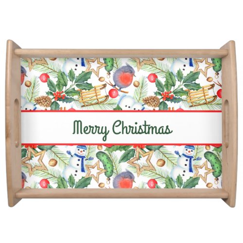 Christmas Holiday Xmas Snowman Pine Cones Holly Serving Tray