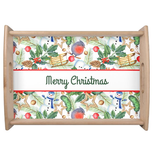 Christmas Holiday Xmas Snowman, Pine Cones, Holly Serving Tray (Front)