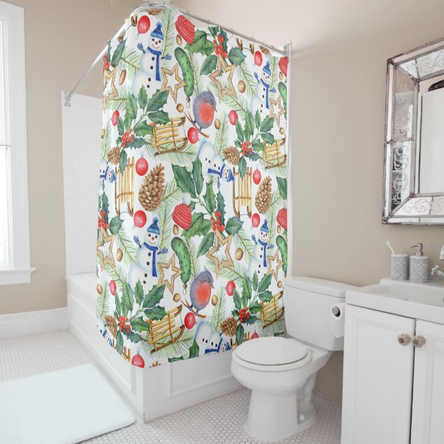 Christmas Holiday Xmas Snowman, Pine Cones, Holly Shower Curtain (In Situ)