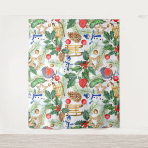 Christmas Holiday Xmas Snowman, Pine Cones, Holly Tapestry