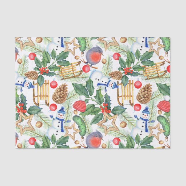 Christmas Holiday Xmas Snowman, Pine Cones, Holly Tissue Paper (Front)