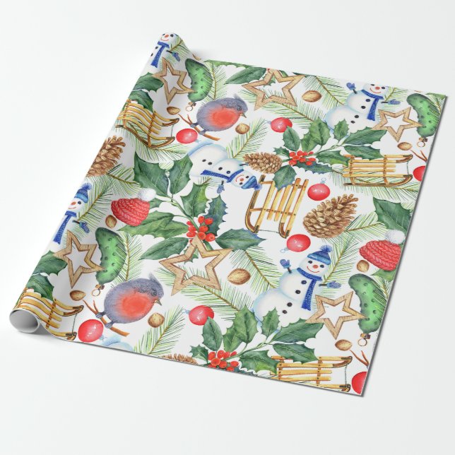 Christmas Holiday Xmas Snowman, Pine Cones, Holly  Wrapping Paper (Unrolled)