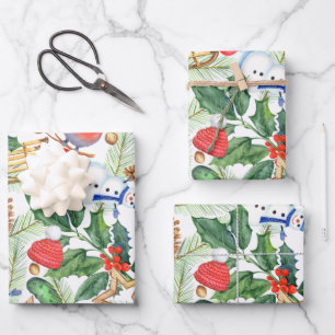 Christmas Holiday Xmas Snowman, Pine Cones, Holly Wrapping Paper Sheets