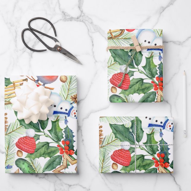 Christmas Holiday Xmas Snowman, Pine Cones, Holly Wrapping Paper Sheets (Front)