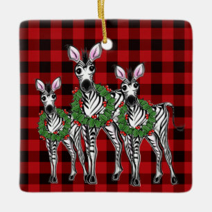 Christmas holiday zebras red black plaid Ceramic Ornament