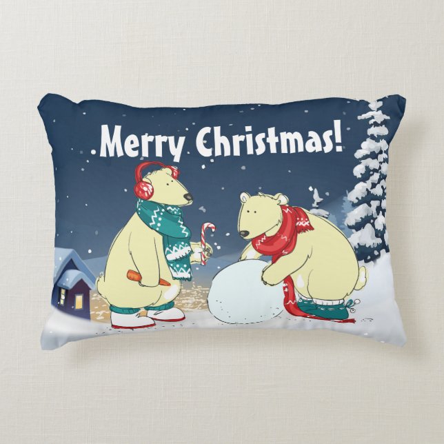Christmas Holidays Bears in Snowy Winter Scene Accent Pillow (Front)
