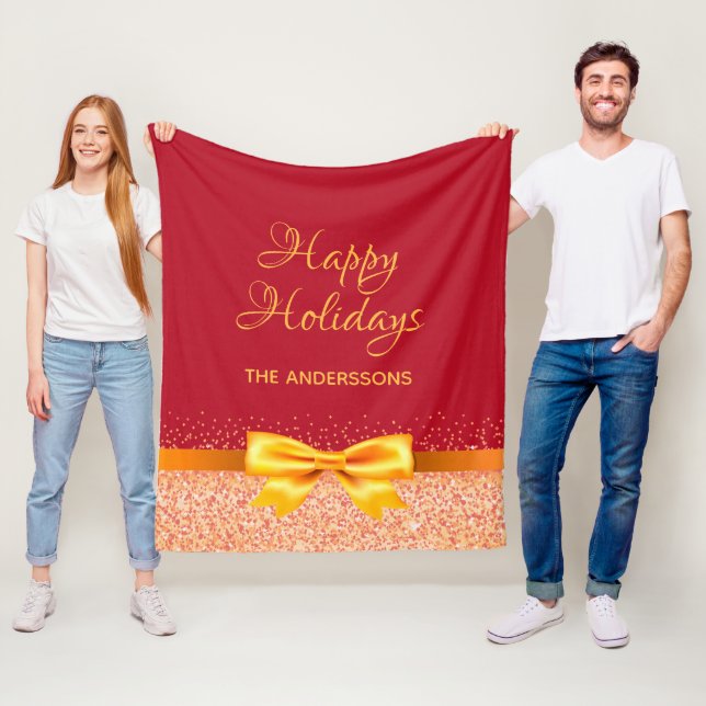 Christmas Holidays bow ribbon rose gold red Fleece Blanket (In Situ)