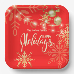 Christmas holidays Christmas gold snowflakes red Paper Plates