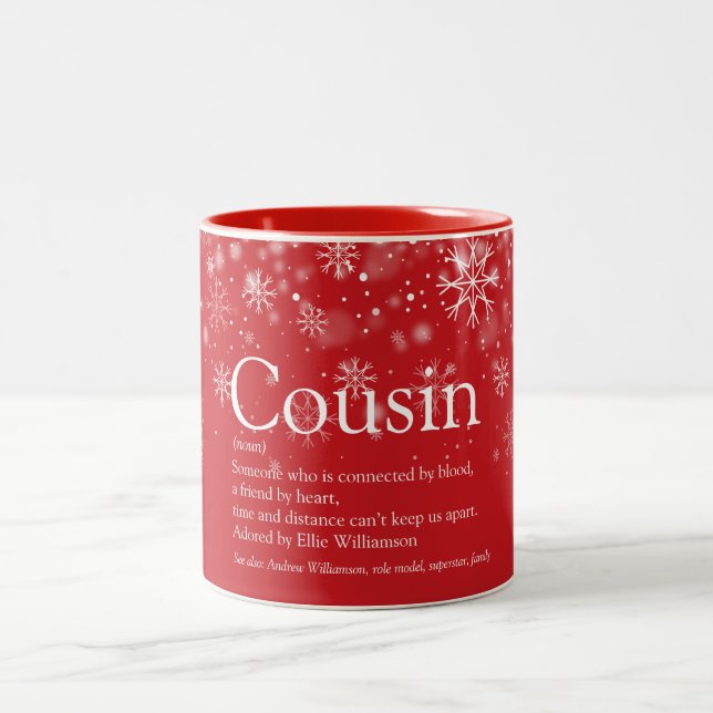Christmas Holidays Cousin Definition Snowflakes Two-Tone Coffee Mug (Center)