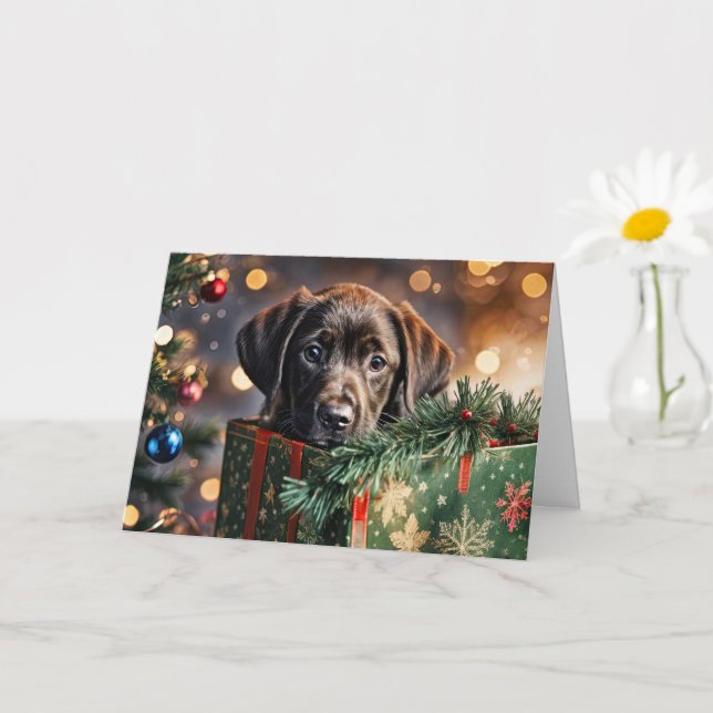 Christmas Holidays Cute Chocolate Labrador Puppy  Card (Small Plant)