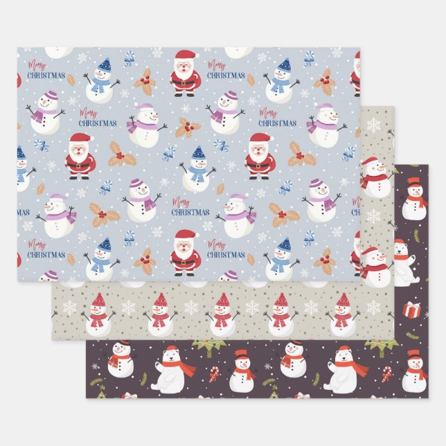 Christmas Holidays Cute Kids Santa Snowman Bear Wrapping Paper Sheets (Set)