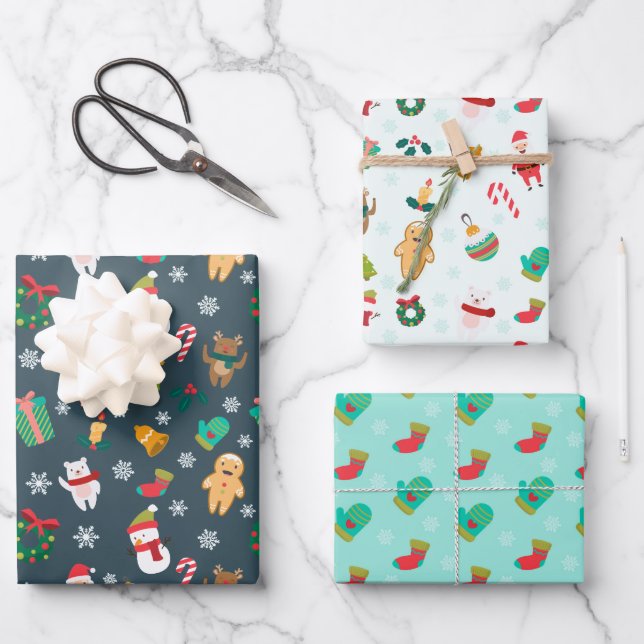 Christmas Holidays Cute Winter Santa Snowman Kids Wrapping Paper Sheets (Front)