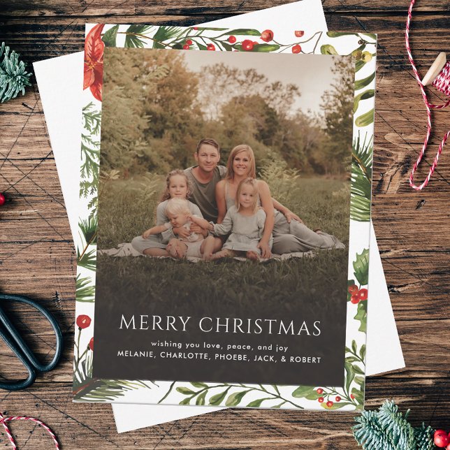 Christmas Holidays Family Photo Greetings Note Card (Christmas Greetings Rustic Family Photo Red Berries Botanical)
