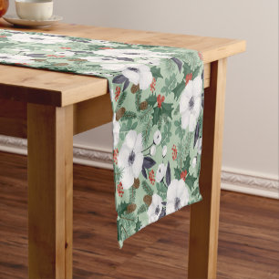 Christmas Holidays Festive Elegant Green Floral Short Table Runner