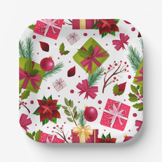 Christmas Holidays Festive Gifts Floral Winter Paper Plates (Front)