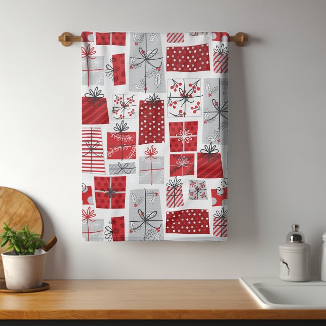 Christmas Holidays Festive Red Silver Modern Gifts Kitchen Towel (Creator Uploaded)