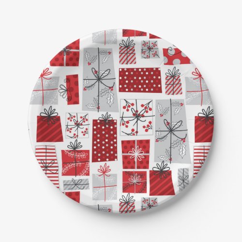 Christmas Holidays Festive Red Silver Modern Gifts Paper Plates
