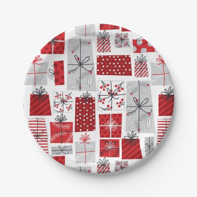 Christmas Holidays Festive Red Silver Modern Gifts Paper Plates (Front)