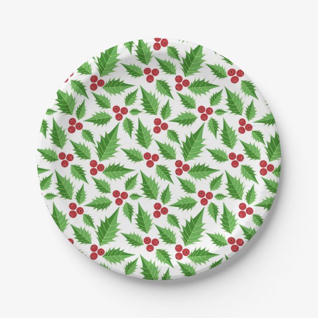 Christmas Holidays Festive Winter Holly Berries Paper Plates (Front)
