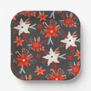 Christmas Holidays Festive Winter Red Pink Floral Paper Plates